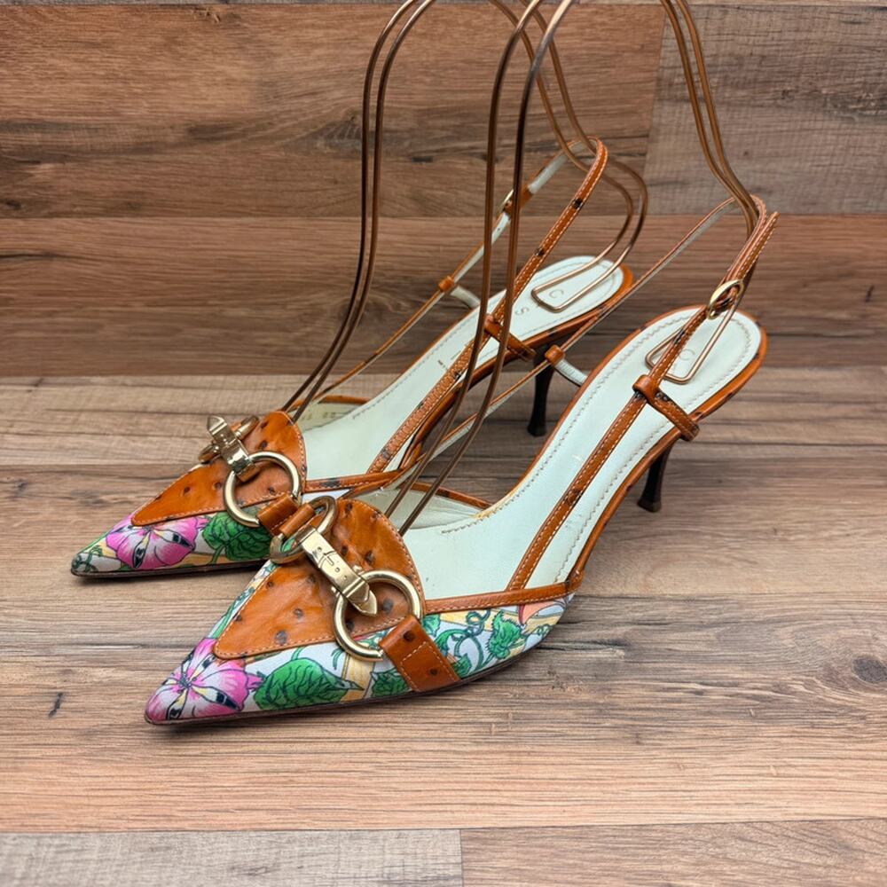 Casadei size 10 Floral Print Pointed Toe Slingback Kitten Heels Ostrich Leather